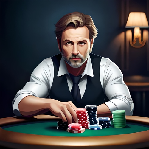 Игрок в покер перед столом с фишками